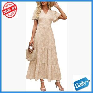 Boho Floral Maxi Dress Wrap V Neck Flutter Sleeve Tiered A Line Summer